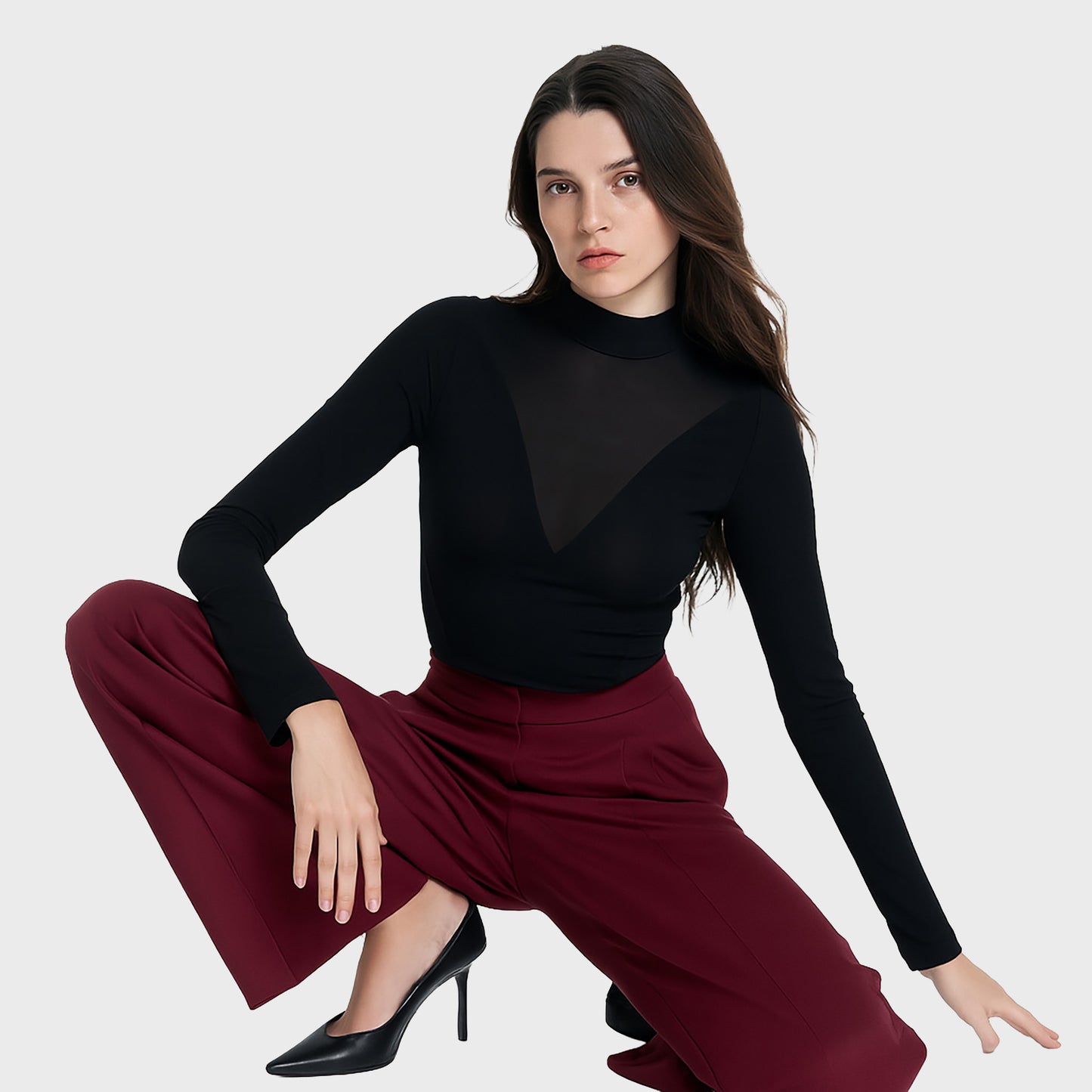 Body manga largo negro transparente en V