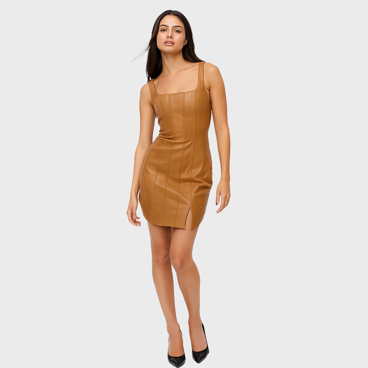 Vestido de cuero corto camel