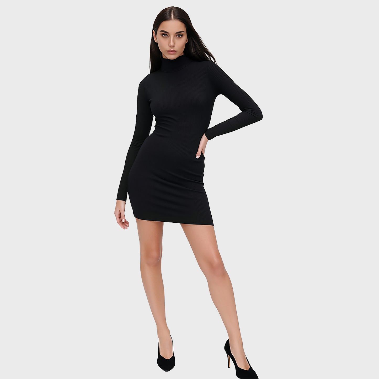 Vestido corto manga larga negro liso