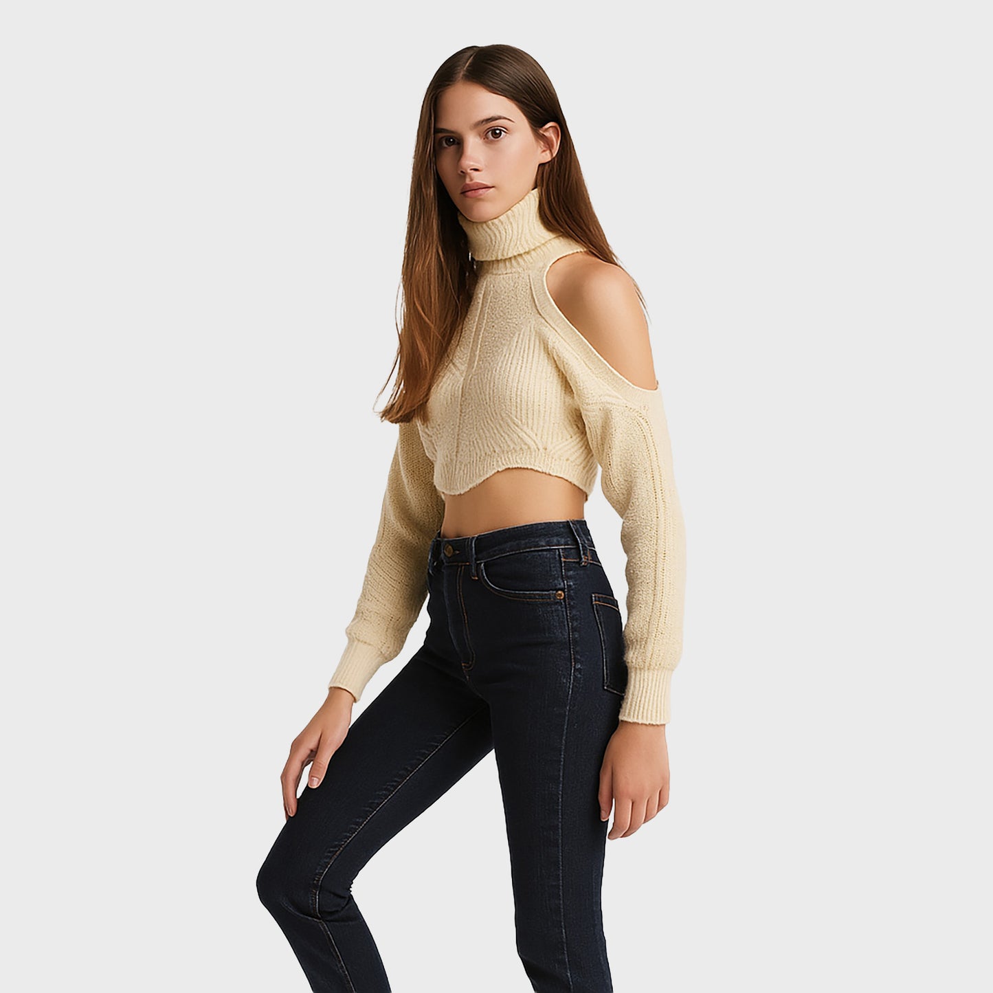 Blusa beige  corta manga larga cuello alto