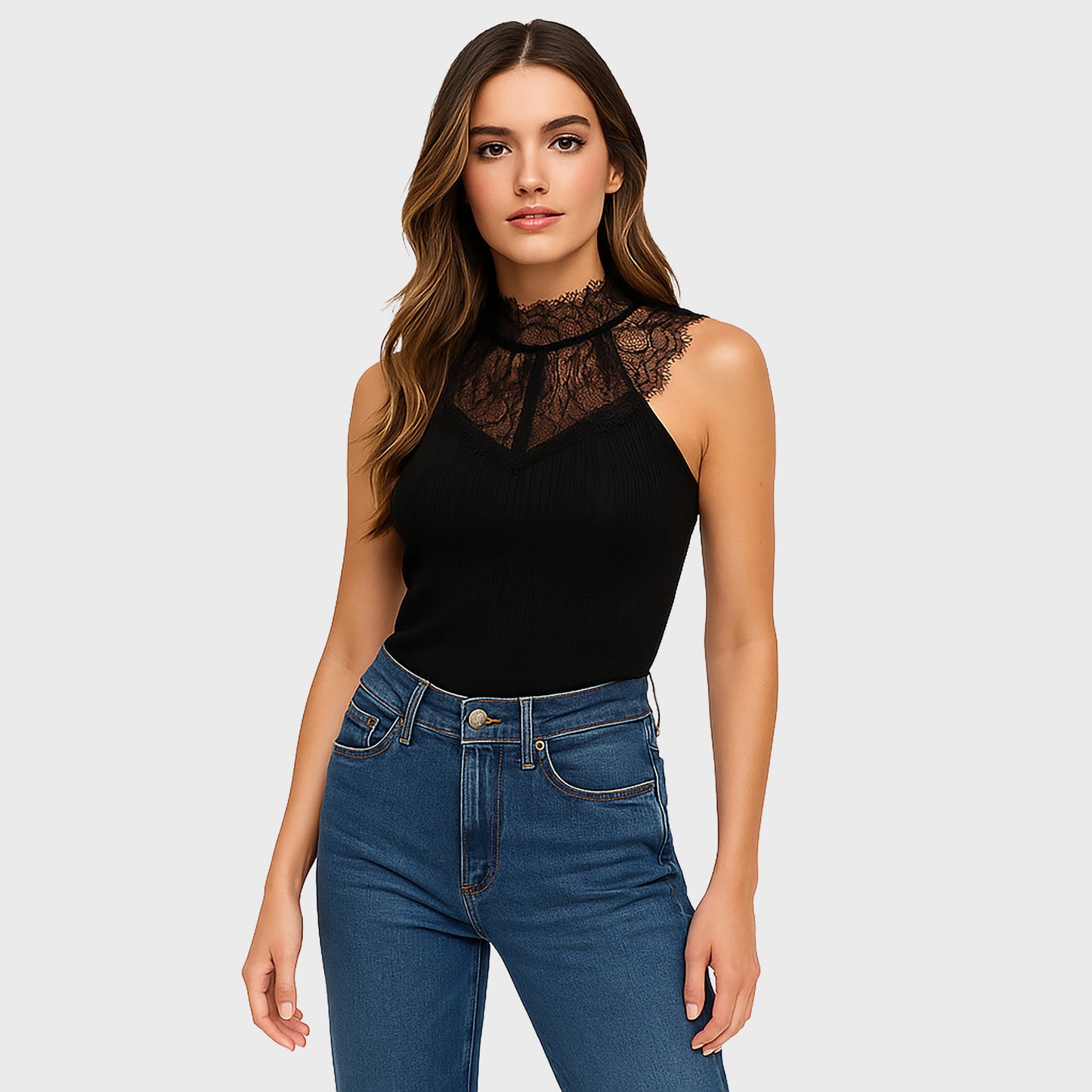 Blusa sin manga con encaje en cuello