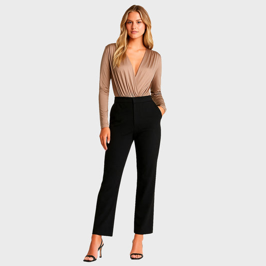 Body beige satinado manga larga