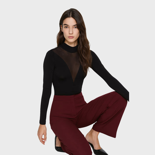 Body manga largo negro transparente en V