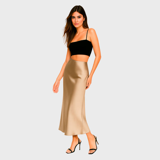 Falda larga beige satinada