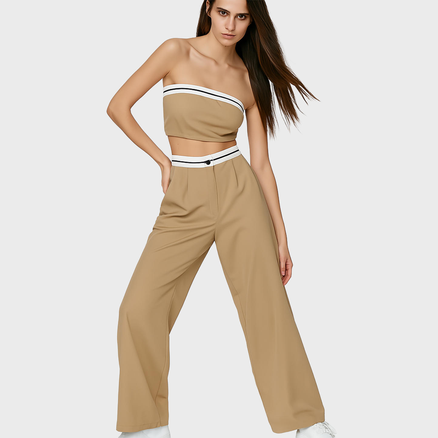 Beige and white pants and top