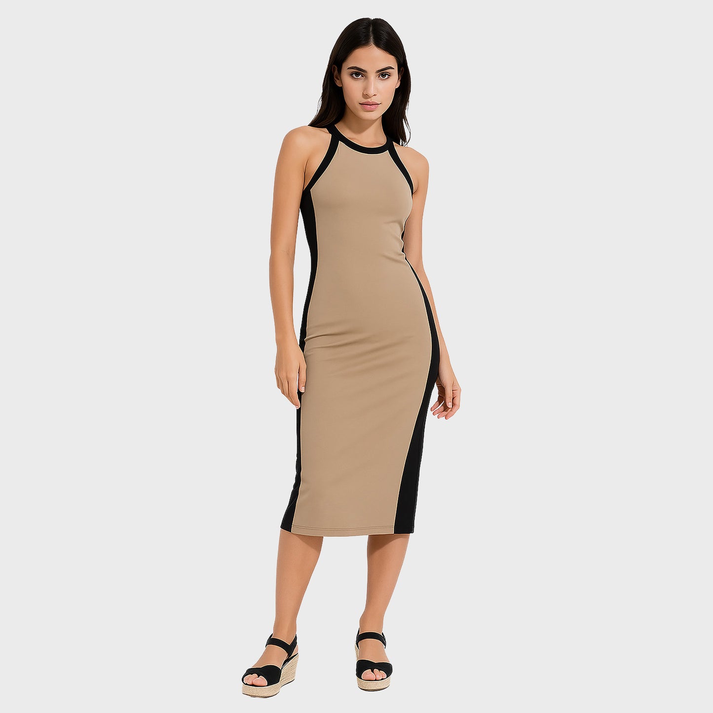 vestido beige largo de tiros